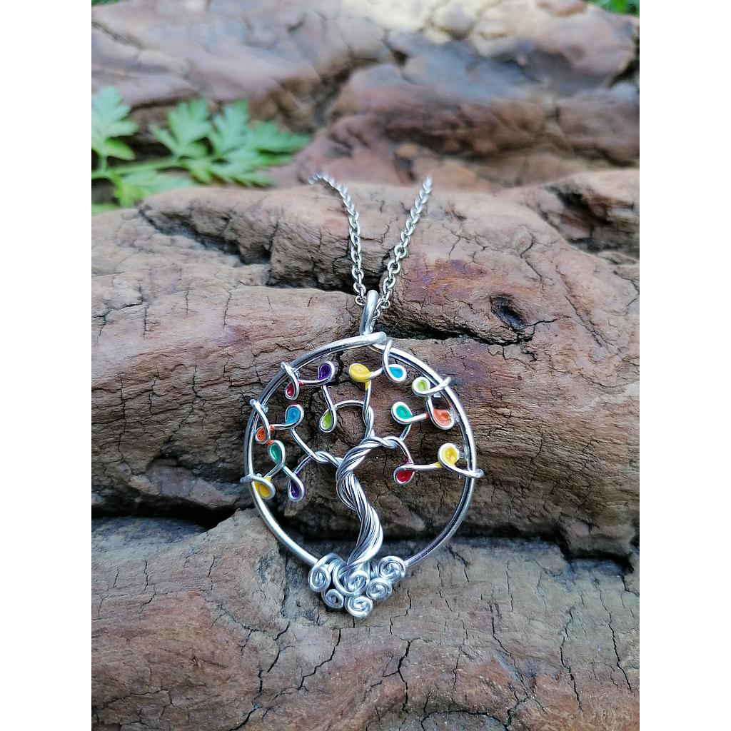 Sautoir Arbre de Vie petit modèle - Fil Argenté - Feuilles multicolores