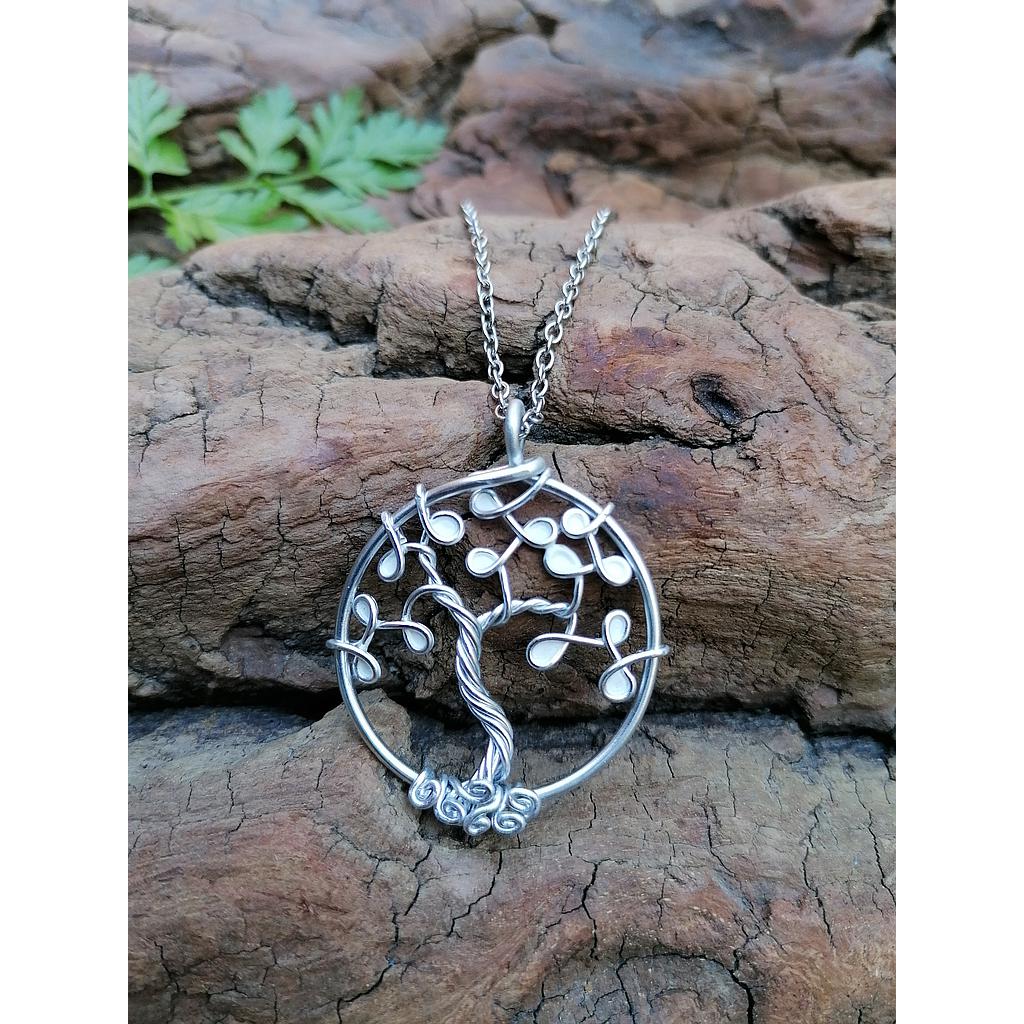 Sautoir Arbre de Vie petit modèle - Fil Argenté - Feuilles blanches
