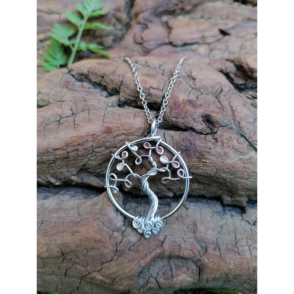 Sautoir Arbre de Vie petit modèle - Fil Argenté - Feuilles cuivrées