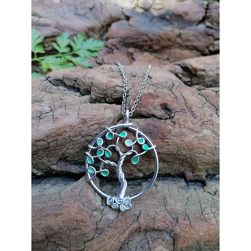 Sautoir Arbre de Vie petit modèle - Fil Argenté - Feuilles turquoises (nuances)