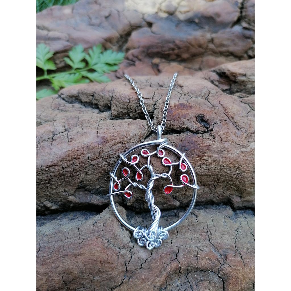 Sautoir Arbre de Vie petit modèle - Fil Argenté - Feuilles rouges