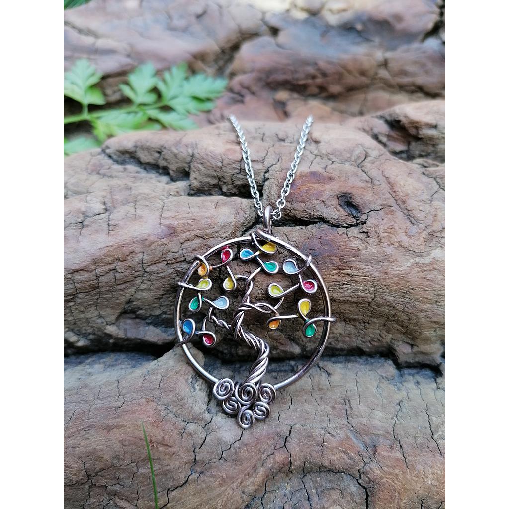 Sautoir Arbre de Vie petit modèle - Fil marron clair - Feuilles multicolores