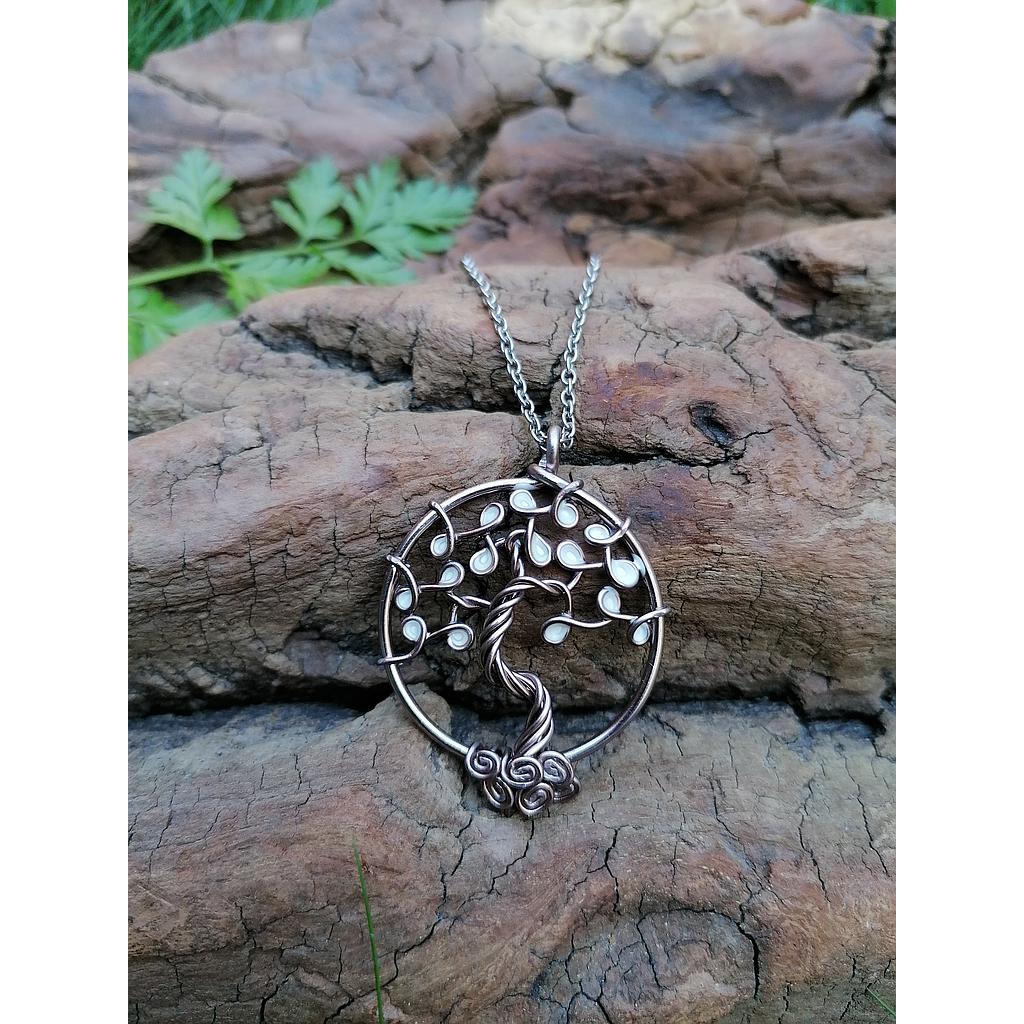 Sautoir Arbre de Vie petit modèle - Fil marron clair - Feuilles blanches