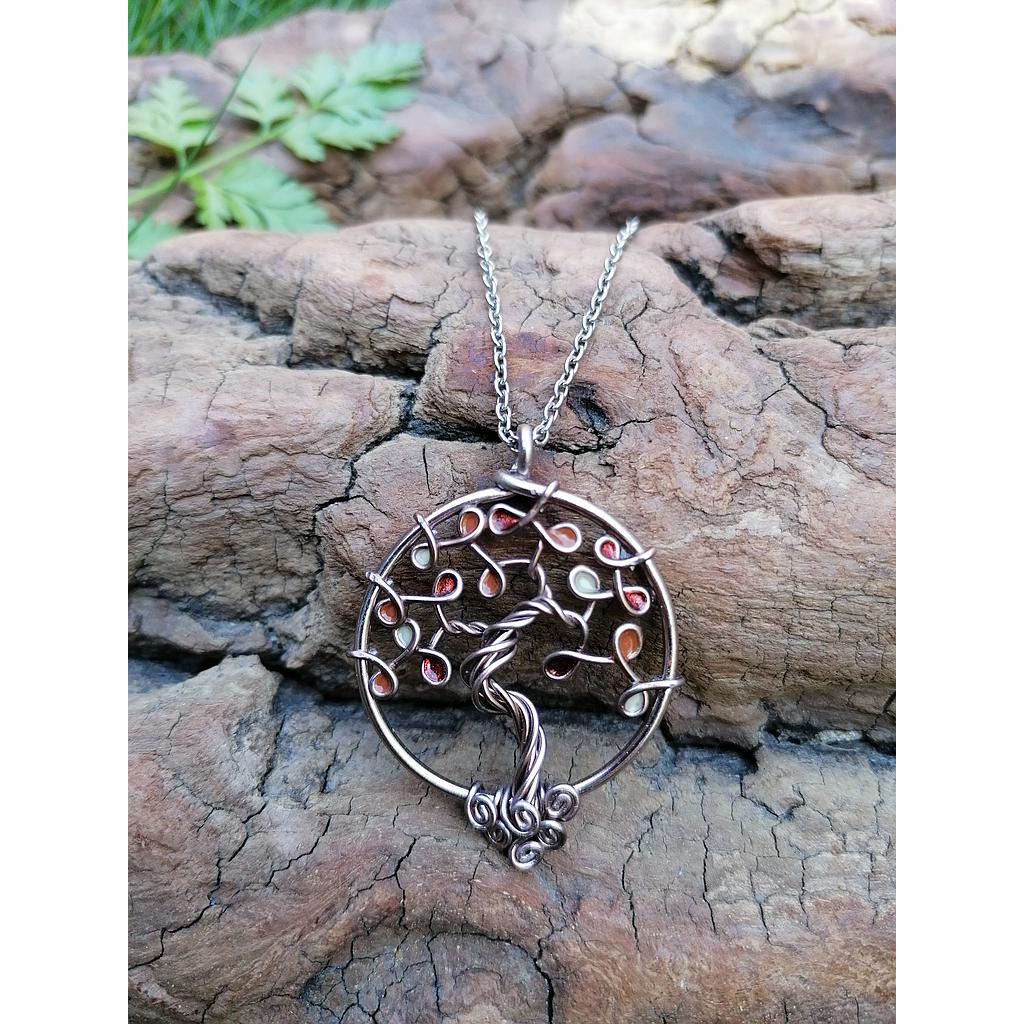 Sautoir Arbre de Vie petit modèle - Fil marron clair - Feuilles cuivrées