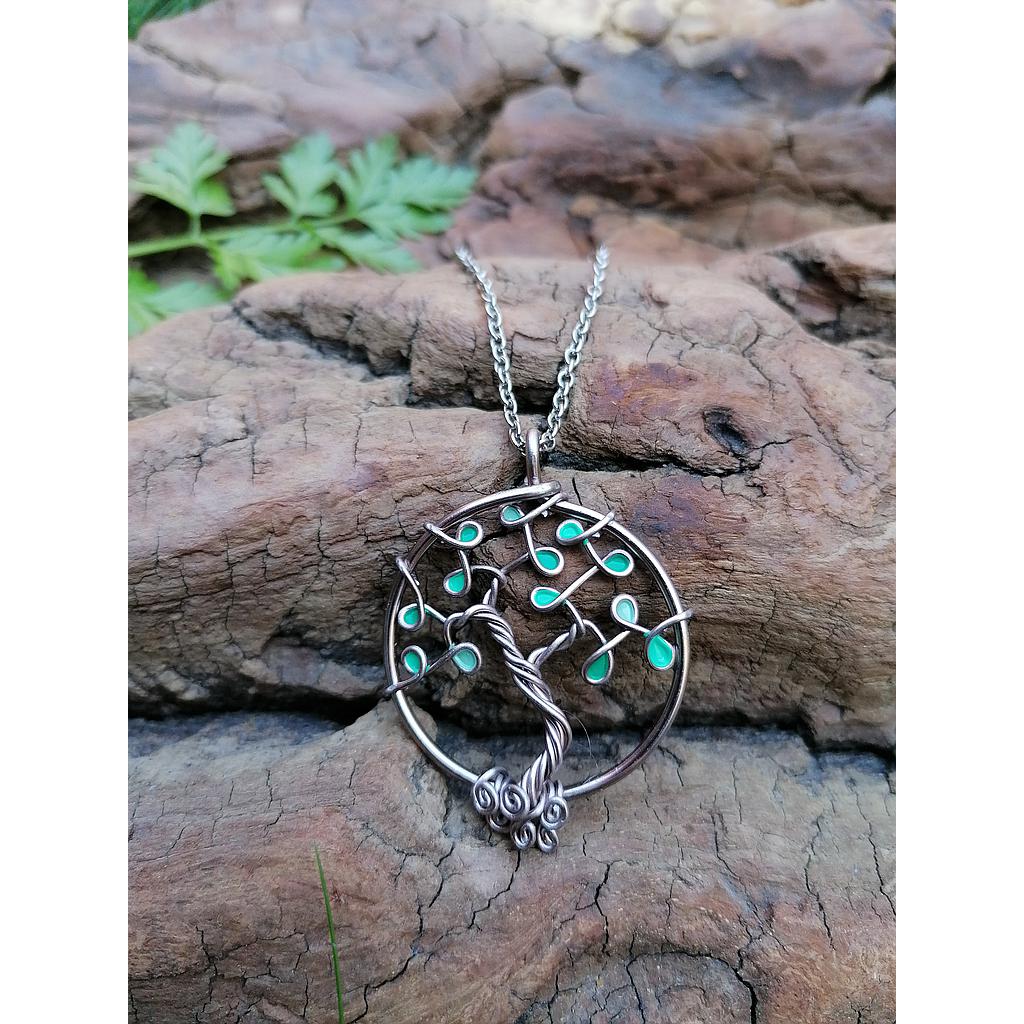 Sautoir Arbre de Vie petit modèle - Fil marron clair - Feuilles turquoises (nuances)
