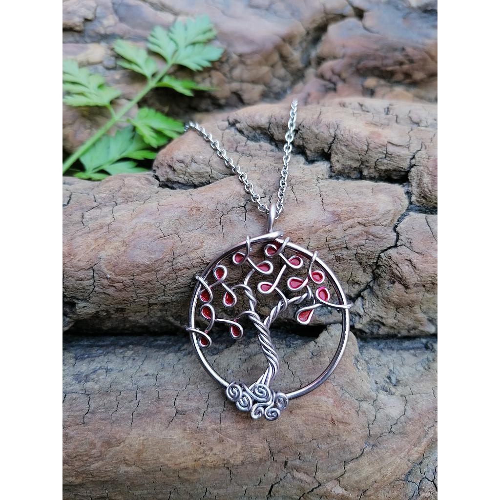 Sautoir Arbre de Vie petit modèle - Fil marron clair - Feuilles rouges (unies)