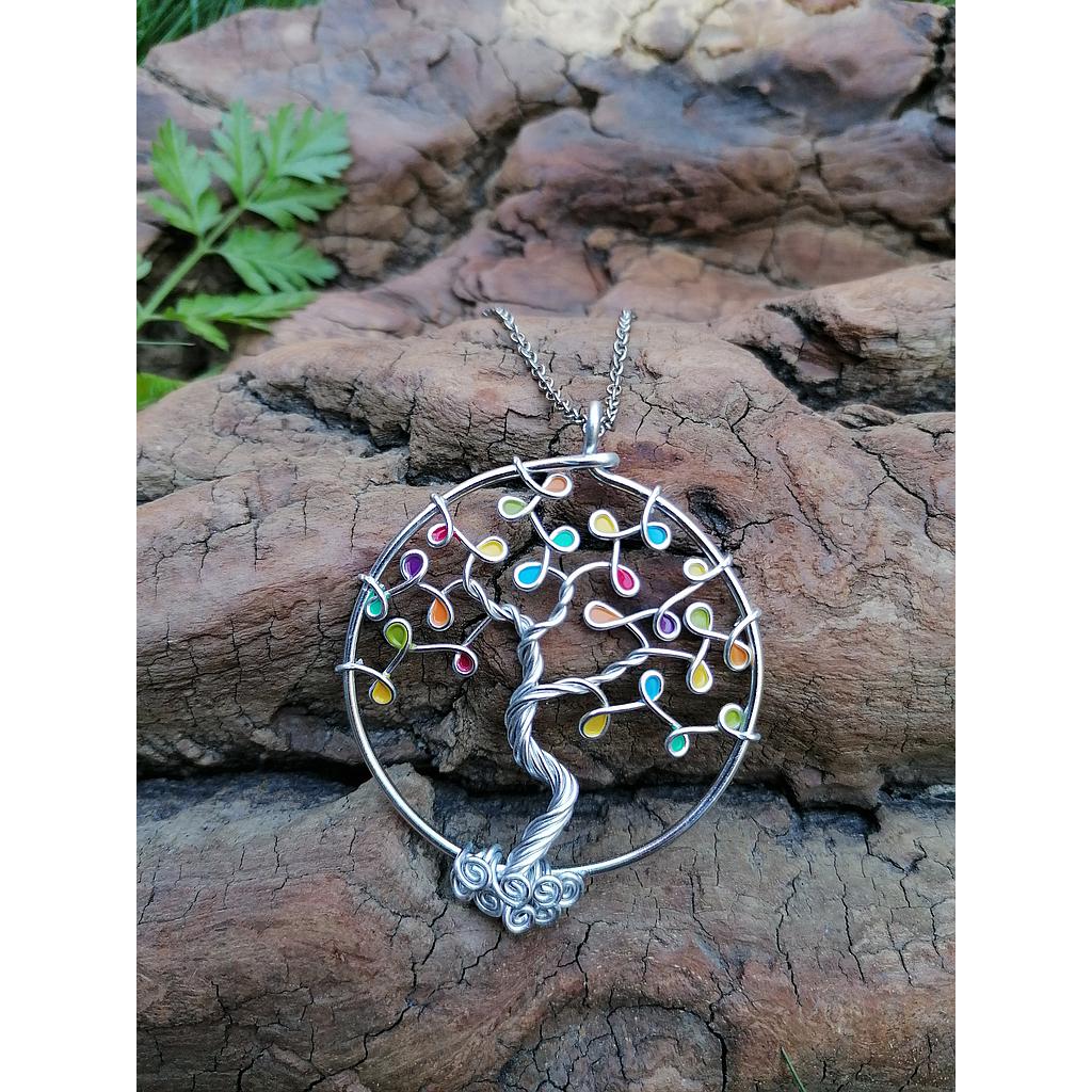 Sautoir Arbre de Vie grand modèle - Fil argenté - Feuilles multicolores