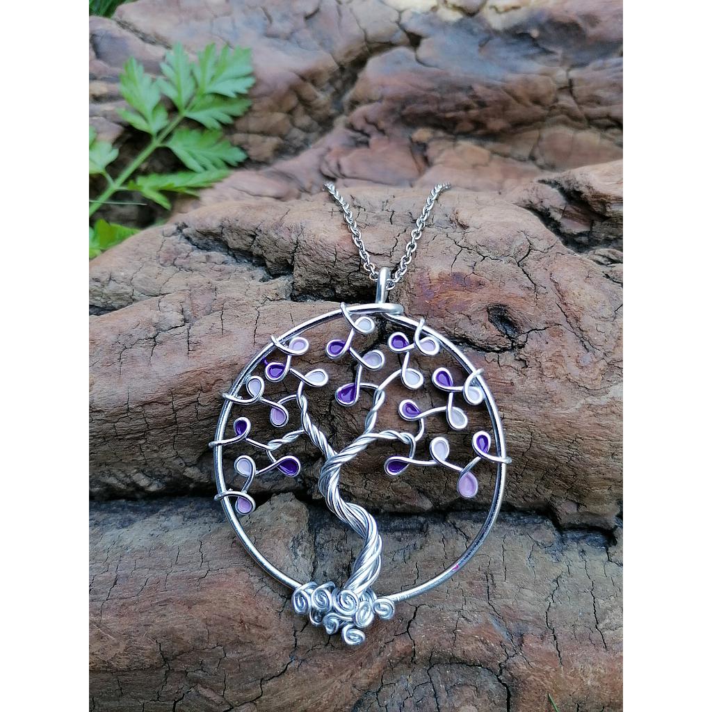 Sautoir Arbre de Vie grand modèle - Fil argenté - Feuilles violettes