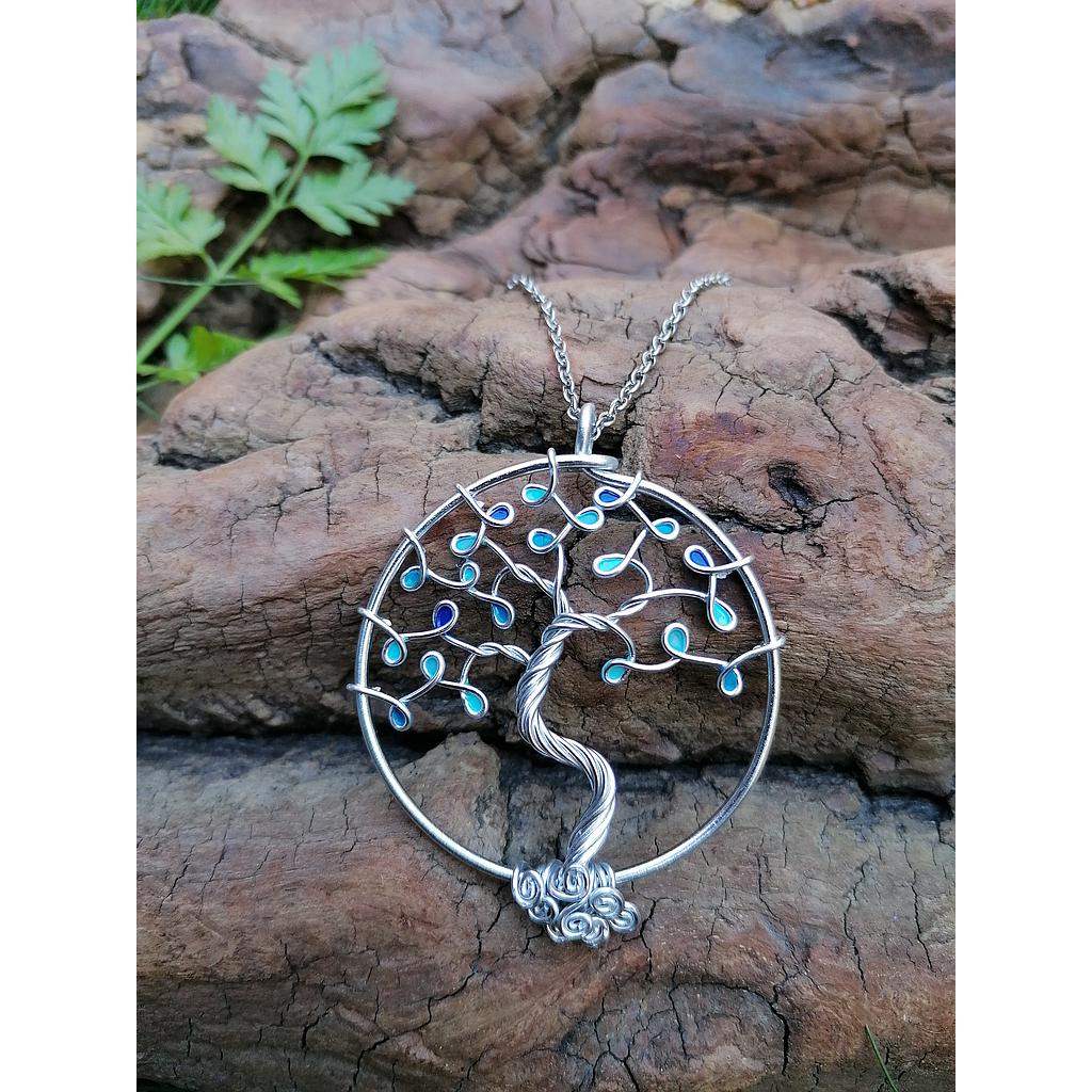 Sautoir Arbre de Vie grand modèle - Fil argenté - Feuilles bleues
