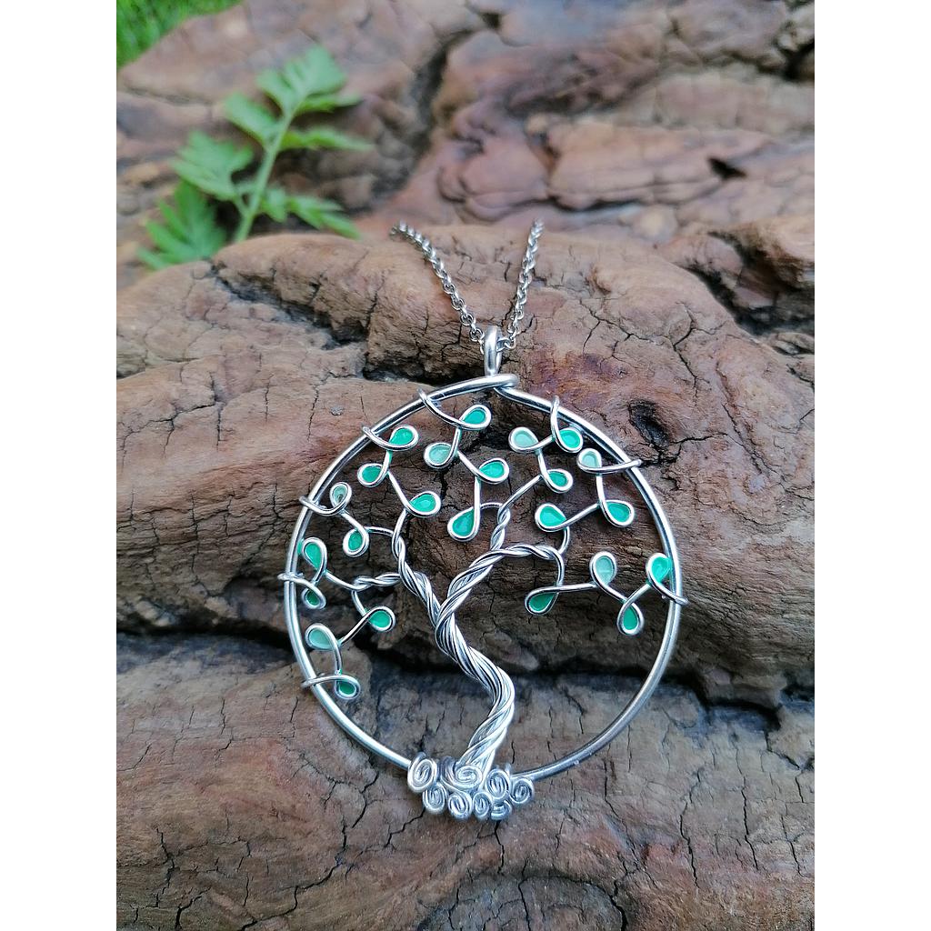 Sautoir Arbre de Vie grand modèle - Fil argenté - Feuilles turquoises