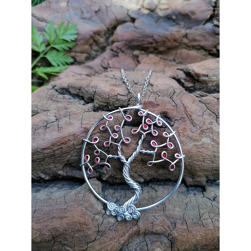 Sautoir Arbre de Vie grand modèle - Fil argenté - Feuilles rouges