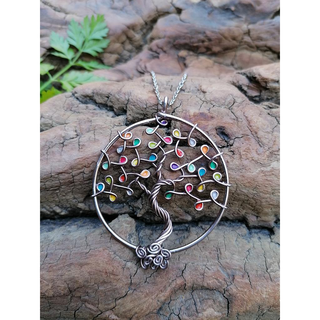 Sautoir Arbre de Vie grand modèle - Fil marron clair - Feuilles multicolores