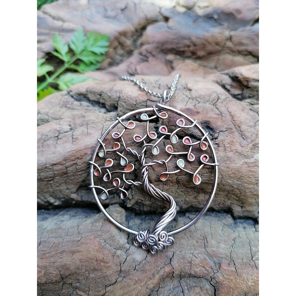 Sautoir Arbre de Vie grand modèle - Fil marron clair - Feuilles cuivrées