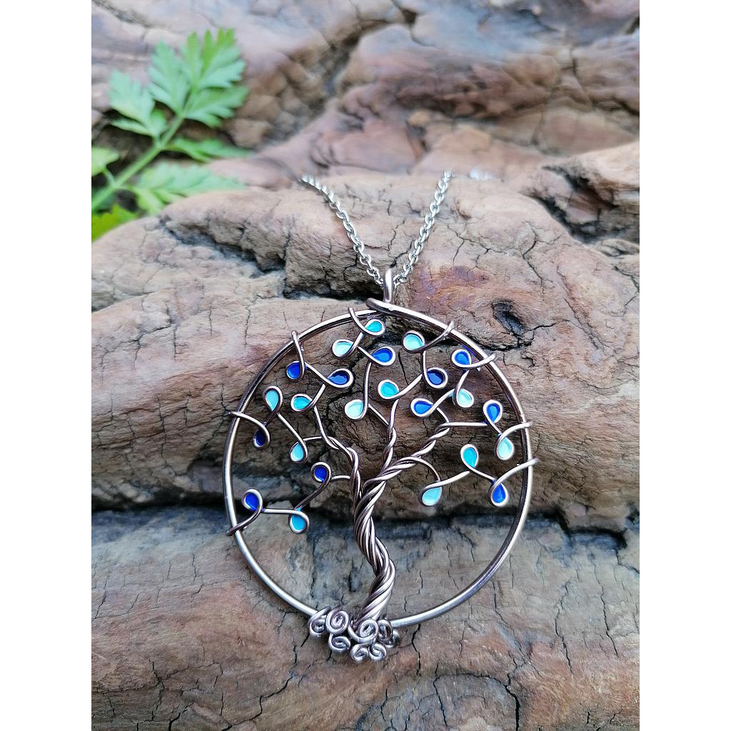Sautoir Arbre de Vie grand modèle - Fil marron clair - Feuilles bleues