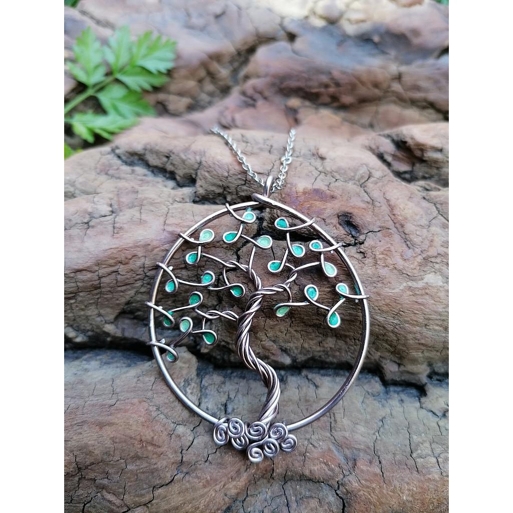 Sautoir Arbre de Vie grand modèle - Fil marron clair - Feuilles turquoises (nuances)