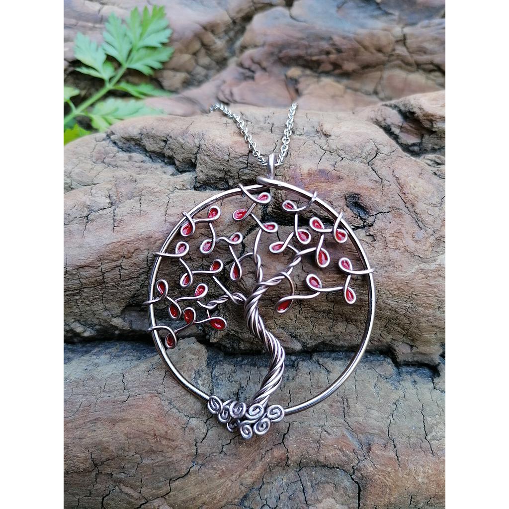 Sautoir Arbre de Vie grand modèle - Fil marron clair - Feuilles rouges (unies)
