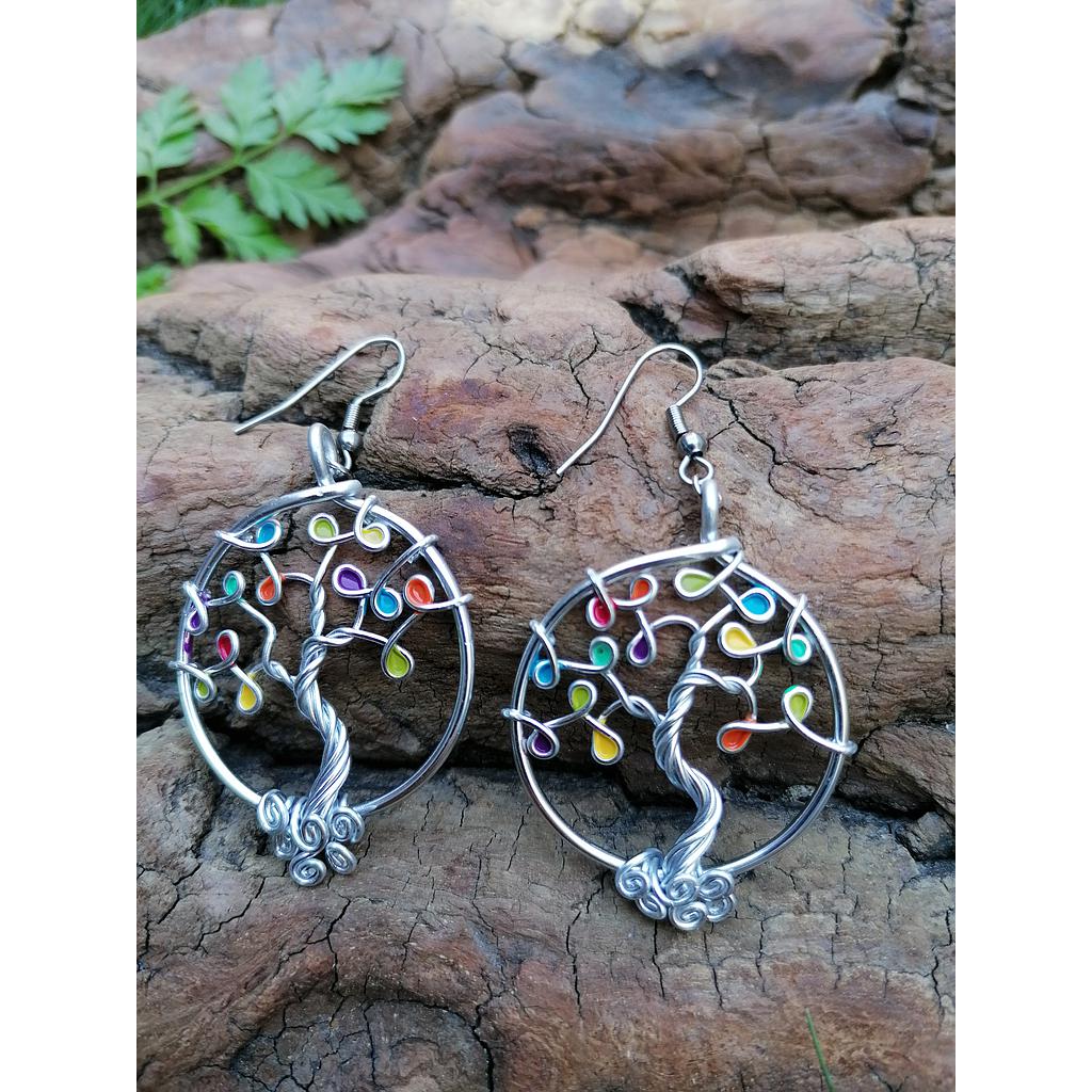 Boucles d'oreilles Arbre de Vie - Fil Argenté - Feuilles multicolores