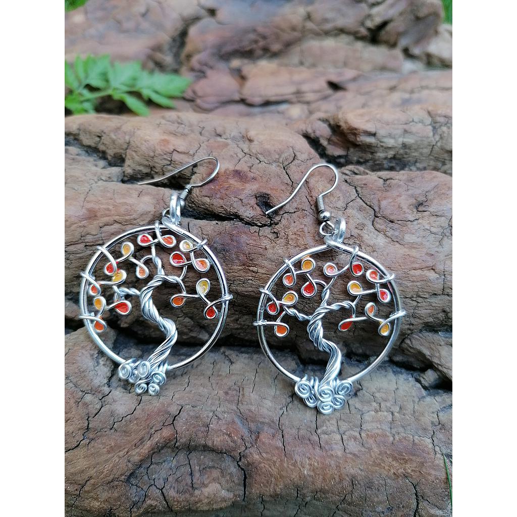 Boucles d'oreilles Arbre de Vie - Fil Argenté - Feuilles oranges (nuances)