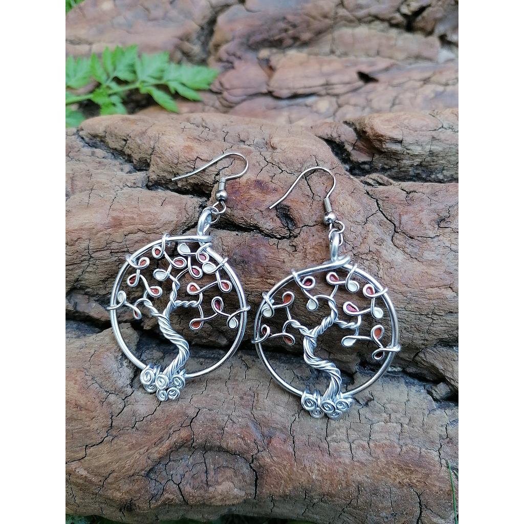 Boucles d'oreilles Arbre de Vie - Fil Argenté - Feuilles cuivrées