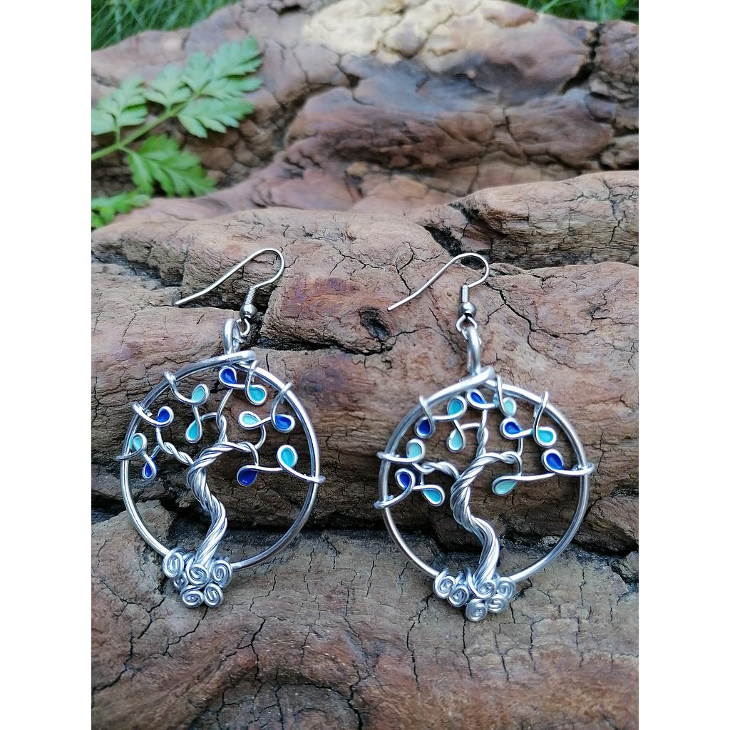 Boucles d'oreilles Arbre de Vie - Fil Argenté - Feuilles bleues (nuances)