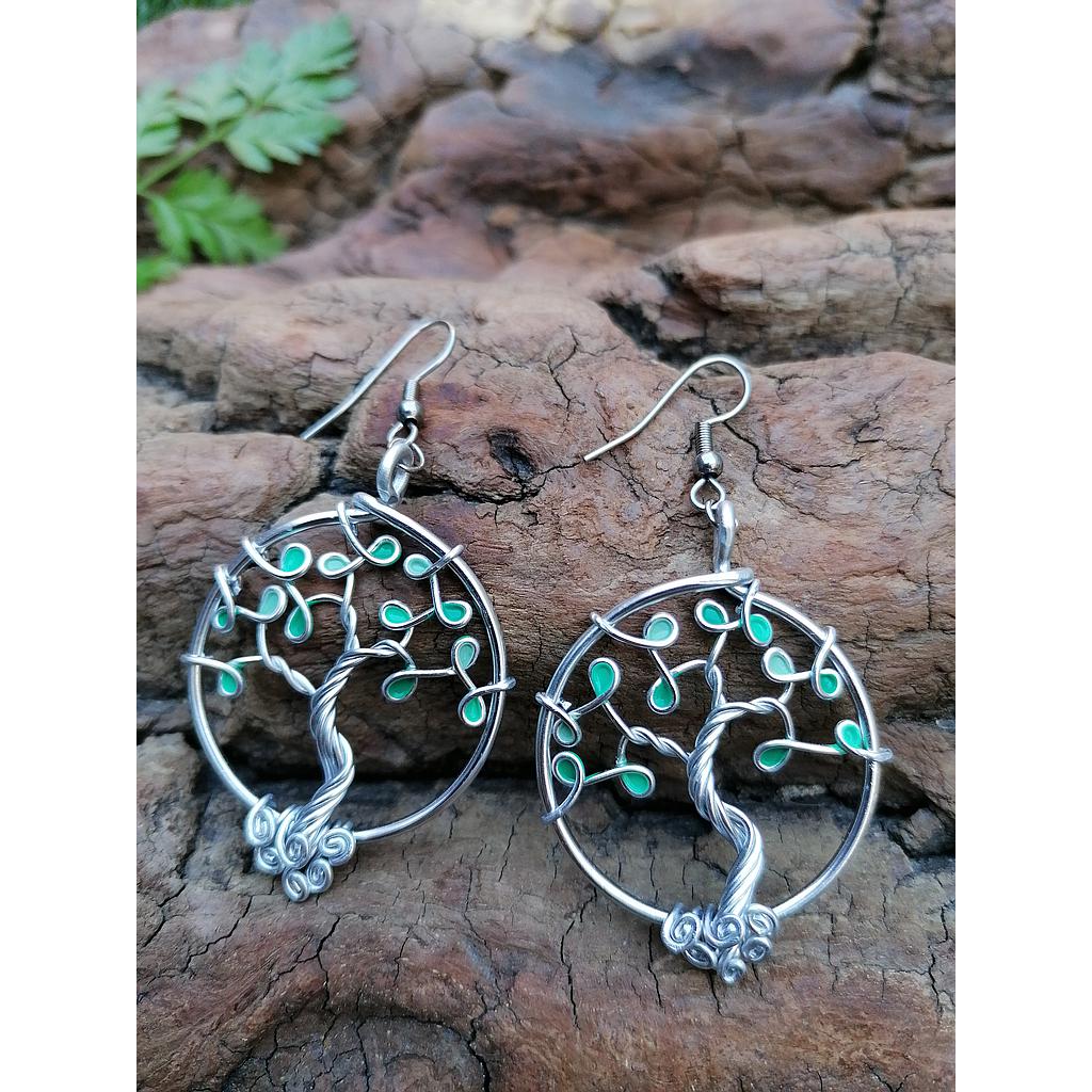 Boucles d'oreilles Arbre de Vie - Fil Argenté - Feuilles turquoises (nuances)