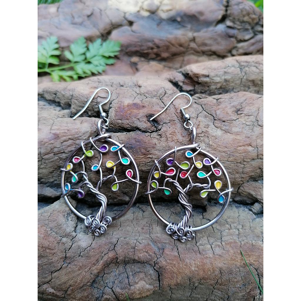 Boucles d'oreilles Arbre de Vie - Fil marron clair - Feuilles multicolores