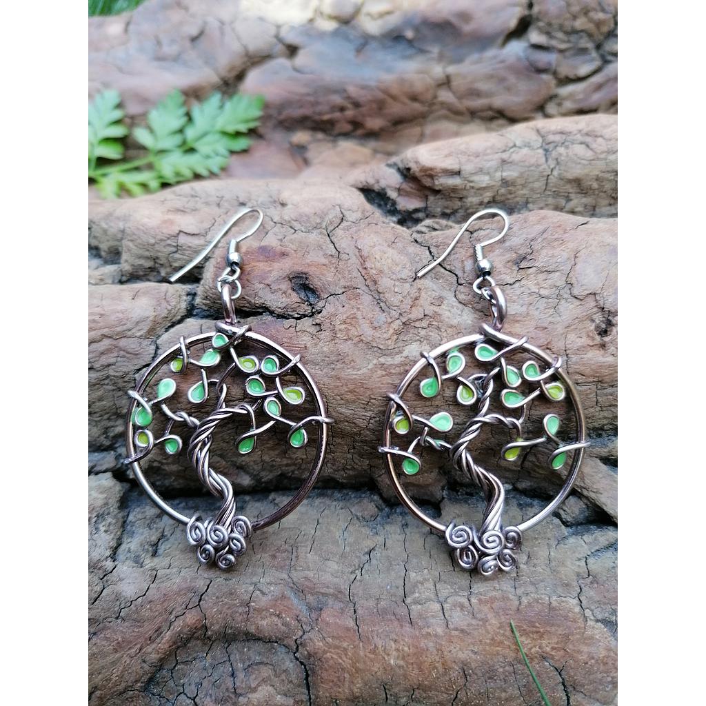 Boucles d'oreilles Arbre de Vie - Fil marron clair - Feuilles vertes