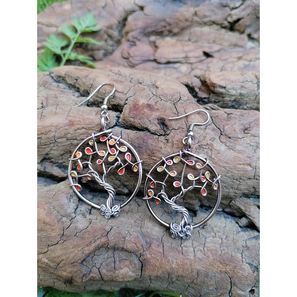 Boucles d'oreilles Arbre de Vie - Fil marron clair - Feuilles oranges (nuances)