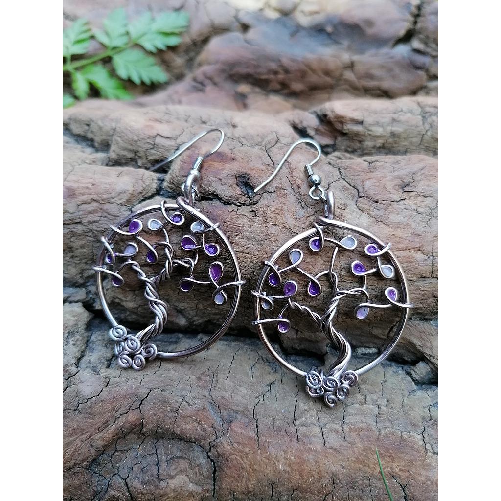 Boucles d'oreilles Arbre de Vie - Fil marron clair - Feuilles violettes