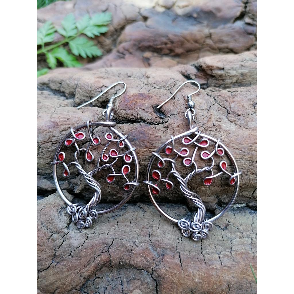 Boucles d'oreilles Arbre de Vie - Fil marron clair - Feuilles rouges (unies)