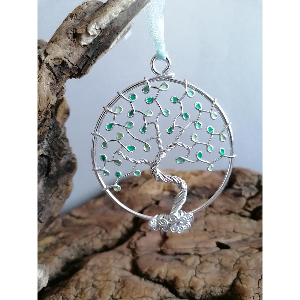 Arbre de Vie fermé argenté à suspendre - Camaïeu de turquoise