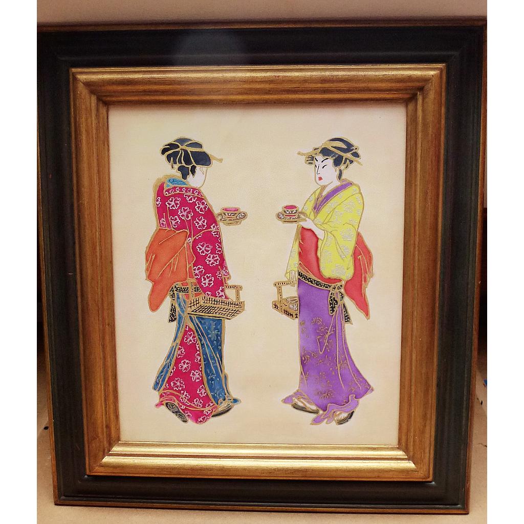 Tableau sur soie encadré 38 x 43 Japonaises