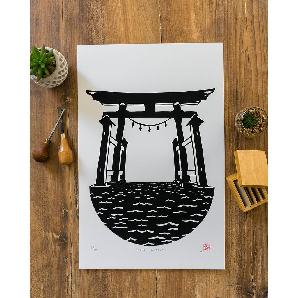Linogravure &quot;Torii flottant&quot; 32x50 cm