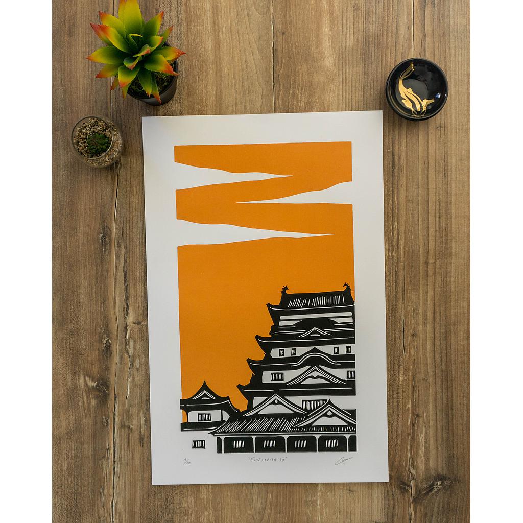 Linogravure &quot;Fukuyama-jo&quot; orange 32x50 cm