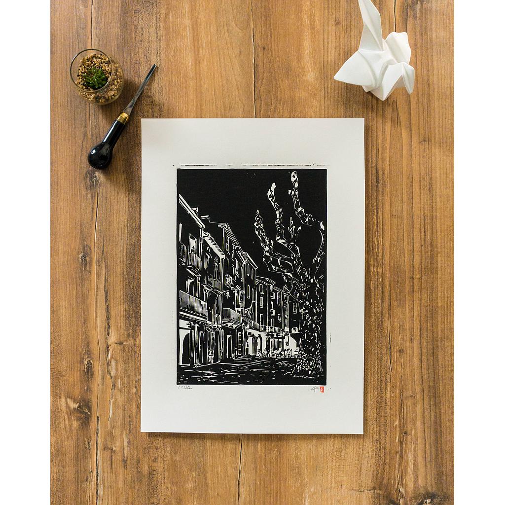 Linogravure &quot;Place de Collioure&quot; 30x42 cm