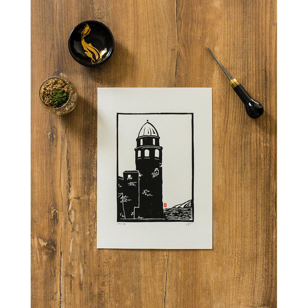 Linogravure &quot;Clocher de Collioure&quot; 21x30 cm