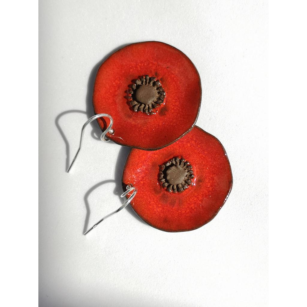 Boucle d'Oreille Grand Coquelicot rouge sur crochet d'argent 925 court