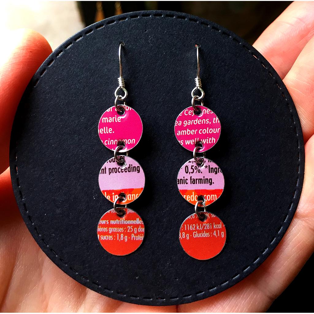 Boucles d'oreilles écologiques 3 petits ronds framboise/orange